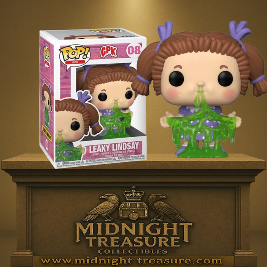 Funko Pop! Leaky Lindsay (08) – Garbage Pail Kids (GPK), figurine vinyle représentant Leaky Lindsay avec du mucus vert coulant de son nez, tresses brunes et rubans violets. Produit officiel Funko, idéal pour les collectionneurs et les fans des cartes GPK des années 80.