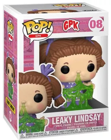 Funko Pop! Leaky Lindsay (08) – Garbage Pail Kids (GPK), figurine vinyle représentant Leaky Lindsay avec du mucus vert coulant de son nez, tresses brunes et rubans violets. Produit officiel Funko, idéal pour les collectionneurs et les fans des cartes GPK des années 80.