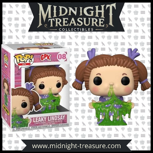 Funko Pop! Leaky Lindsay (08) – Garbage Pail Kids (GPK), figurine vinyle représentant Leaky Lindsay avec du mucus vert coulant de son nez, tresses brunes et rubans violets. Produit officiel Funko, idéal pour les collectionneurs et les fans des cartes GPK des années 80.