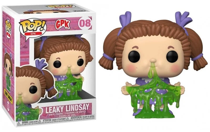 Funko Pop! Leaky Lindsay (08) – Garbage Pail Kids (GPK), figurine vinyle représentant Leaky Lindsay avec du mucus vert coulant de son nez, tresses brunes et rubans violets. Produit officiel Funko, idéal pour les collectionneurs et les fans des cartes GPK des années 80.