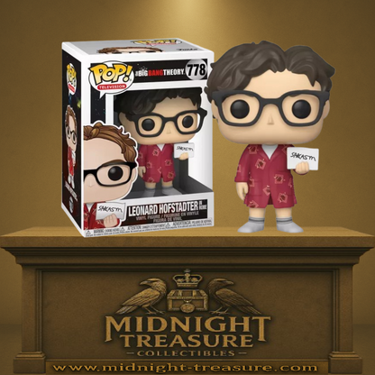 Funko Pop! The Big Bang Theory – Leonard Hofstadter (N°778). Figurine du physicien geek en peignoir rouge, tenant une pancarte “Sarcasm”, inspirée de la série culte.