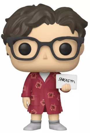 Funko Pop! The Big Bang Theory – Leonard Hofstadter (N°778). Figurine du physicien geek en peignoir rouge, tenant une pancarte “Sarcasm”, inspirée de la série culte.
