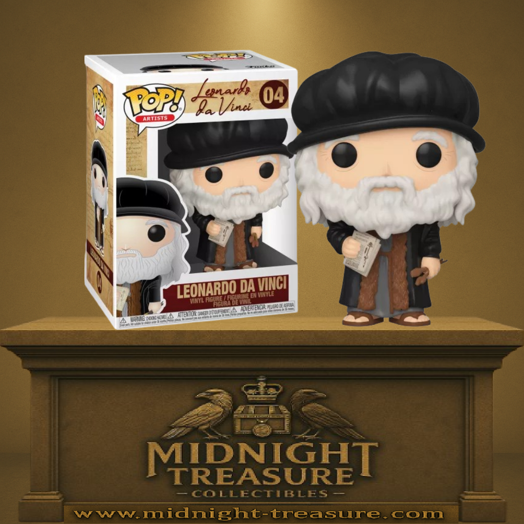 Funko Pop! Artists – Leonardo da Vinci (N°04). Figurine du maître de la Renaissance tenant un croquis et un pinceau, avec tenue d’époque et béret noir.