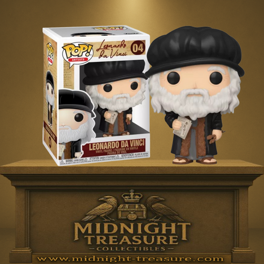 Funko Pop! Artists – Leonardo da Vinci (N°04). Figurine du maître de la Renaissance tenant un croquis et un pinceau, avec tenue d’époque et béret noir.
