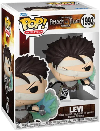 Funko Pop! L’Attaque des Titans – Levi (Final Season) (N°1993). Levi bandé, équipé de son matériel de manœuvre tridimensionnelle avec effet de fumée verte, en pleine attaque aérienne. Figurine fidèle à la Final Season.

