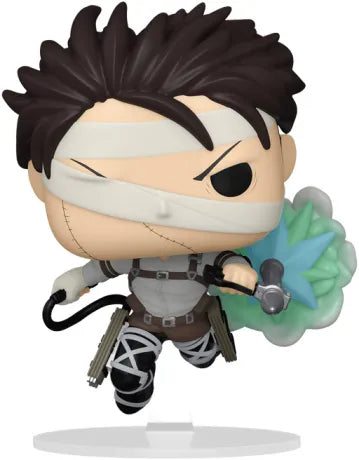 Funko Pop! L’Attaque des Titans – Levi (Final Season) (N°1993). Levi bandé, équipé de son matériel de manœuvre tridimensionnelle avec effet de fumée verte, en pleine attaque aérienne. Figurine fidèle à la Final Season.

