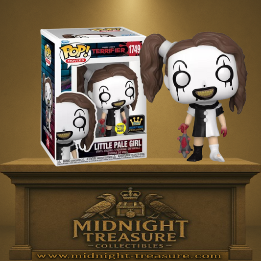 Funko Pop! Terrifier – Little Pale Girl (N°1749, Glow in the Dark Exclusive). Figurine avec robe bicolore, jouet ensanglanté et yeux phosphorescents. Une pièce effrayante pour les fans de films d’horreur.