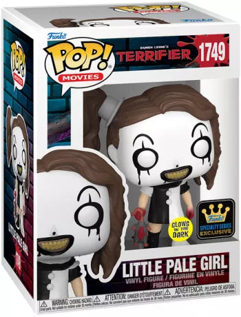 Funko Pop! Terrifier – Little Pale Girl (N°1749, Glow in the Dark Exclusive). Figurine avec robe bicolore, jouet ensanglanté et yeux phosphorescents. Une pièce effrayante pour les fans de films d’horreur.