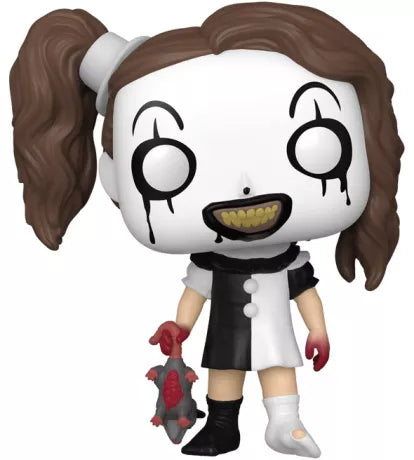 Funko Pop! Terrifier – Little Pale Girl (N°1749, Glow in the Dark Exclusive). Figurine avec robe bicolore, jouet ensanglanté et yeux phosphorescents. Une pièce effrayante pour les fans de films d’horreur.