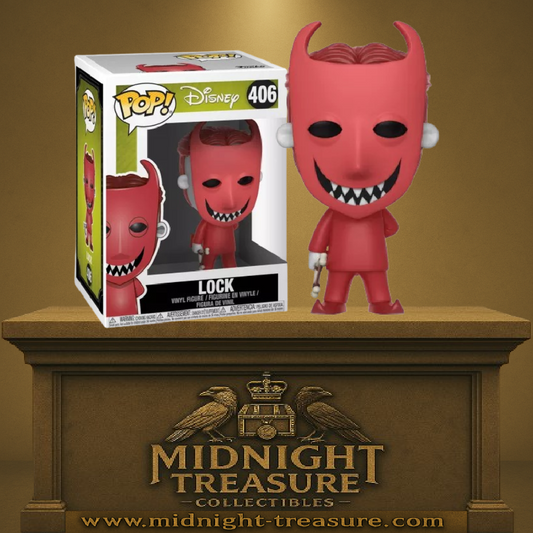 Funko Pop! L’Étrange Noël de Monsieur Jack – Lock (n°406). Lock en costume de diable rouge avec son masque et sa fourche. Une figurine malicieuse parfaite pour les fans de Tim Burton