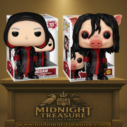 Lot Funko Pop! Saw â Jigsaw (N°1820) en version classique et Chase avec masque de cochon. Deux figurines dĂ©taillĂ©es du maĂźtre des piĂšges mortels, parfaites pour les fans de la saga Saw.