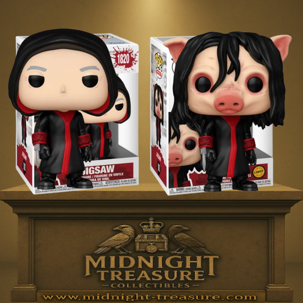 Lot Funko Pop! Saw – Jigsaw (N°1820) en version classique et Chase avec masque de cochon. Deux figurines détaillées du maître des pièges mortels, parfaites pour les fans de la saga Saw.

