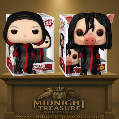 Lot Funko Pop! Saw – Jigsaw (N°1820) en version classique et Chase avec masque de cochon. Deux figurines détaillées du maître des pièges mortels, parfaites pour les fans de la saga Saw.

