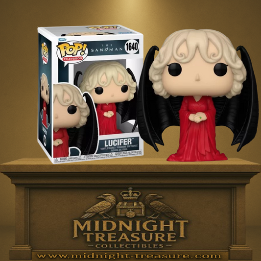 Funko Pop! The Sandman – Lucifer (N°1640). Lucifer en robe rouge avec ailes noires imposantes et chevelure blonde ondulée. Une figurine détaillée et élégante pour les fans de The Sandman.

