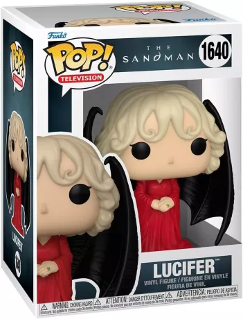 Funko Pop! The Sandman – Lucifer (N°1640). Lucifer en robe rouge avec ailes noires imposantes et chevelure blonde ondulée. Une figurine détaillée et élégante pour les fans de The Sandman.

