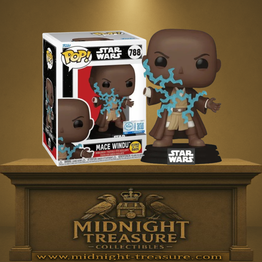 Funko Pop! Star Wars – Mace Windu (N°788, Glow in the Dark). Figurine représentant le Maître Jedi électrocuté par Dark Sidious dans La Revanche des Sith, avec éclairs lumineux. Une pièce épique et exclusive pour les fans de Star Wars.