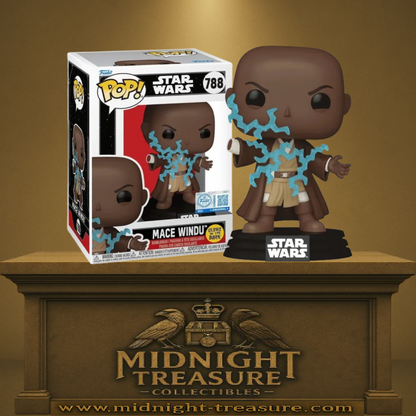 Funko Pop! Star Wars – Mace Windu (N°788, Glow in the Dark). Figurine représentant le Maître Jedi électrocuté par Dark Sidious dans La Revanche des Sith, avec éclairs lumineux. Une pièce épique et exclusive pour les fans de Star Wars.