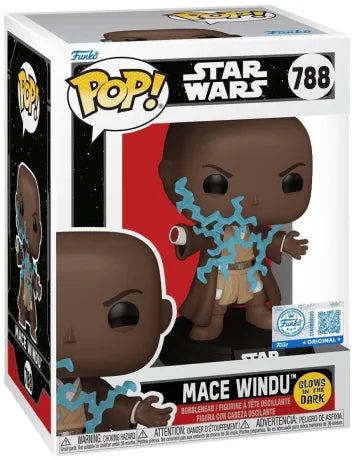 Funko Pop! Star Wars – Mace Windu (N°788, Glow in the Dark). Figurine représentant le Maître Jedi électrocuté par Dark Sidious dans La Revanche des Sith, avec éclairs lumineux. Une pièce épique et exclusive pour les fans de Star Wars.