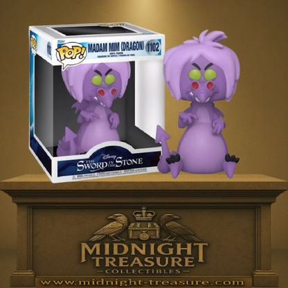 Funko Pop! Merlin l’Enchanteur – Madame Mim (Dragon) (N°1102). La sorcière transformée en dragon violet avec regard narquois. Une figurine magique et délirante pour les fans des classiques Disney.

