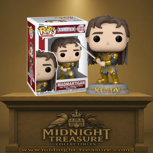 Funko Pop! Willow – Madmartigan (N°1313). Figurine représentant Madmartigan en armure dorée et cotte de mailles, tenant son épée avec détermination. Une pièce culte pour les fans du film Willow.
