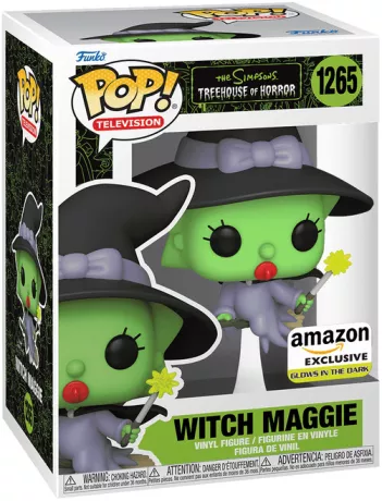 Funko Pop! Les Simpson – Maggie Simpson Sorcière – N°1265 – Glow in the Dark. Figurine exclusive représentant Maggie sur un balai, avec chapeau de sorcière et baguette magique. Une édition parfaite pour Halloween et les fans de Treehouse of Horror.

