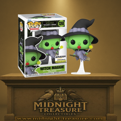 Funko Pop! Les Simpson – Maggie Simpson Sorcière – N°1265 – Glow in the Dark. Figurine exclusive représentant Maggie sur un balai, avec chapeau de sorcière et baguette magique. Une édition parfaite pour Halloween et les fans de Treehouse of Horror.

