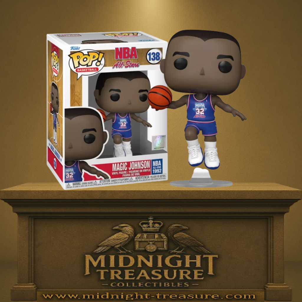 Funko Pop! NBA All-Stars – Magic Johnson (N°138). Figurine du joueur légendaire en tenue bleue All-Star 1992 avec ballon de basket, sur socle transparent.