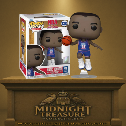 Funko Pop! NBA All-Stars – Magic Johnson (N°138). Figurine du joueur légendaire en tenue bleue All-Star 1992 avec ballon de basket, sur socle transparent.
