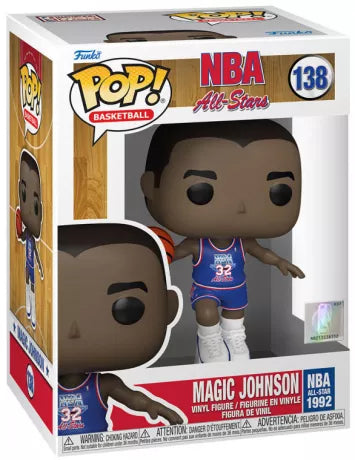 Funko Pop! NBA All-Stars – Magic Johnson (N°138). Figurine du joueur légendaire en tenue bleue All-Star 1992 avec ballon de basket, sur socle transparent.