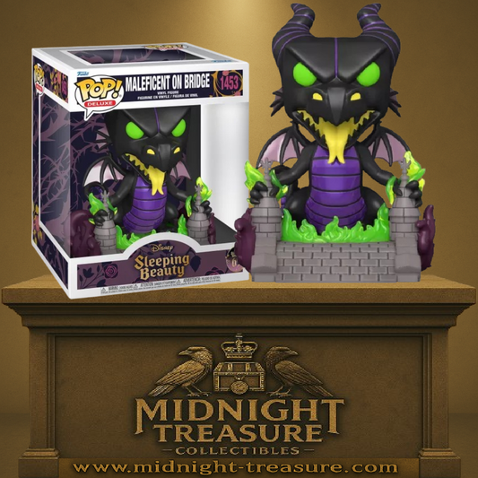 Funko Pop! La Belle au Bois Dormant â MalĂ©fique sur le Pont (1453). MalĂ©fique sous forme de dragon, posĂ©e sur un pont en ruines, crachant des flammes vertes. Une figurine Deluxe spectaculaire pour les fans de Disney.