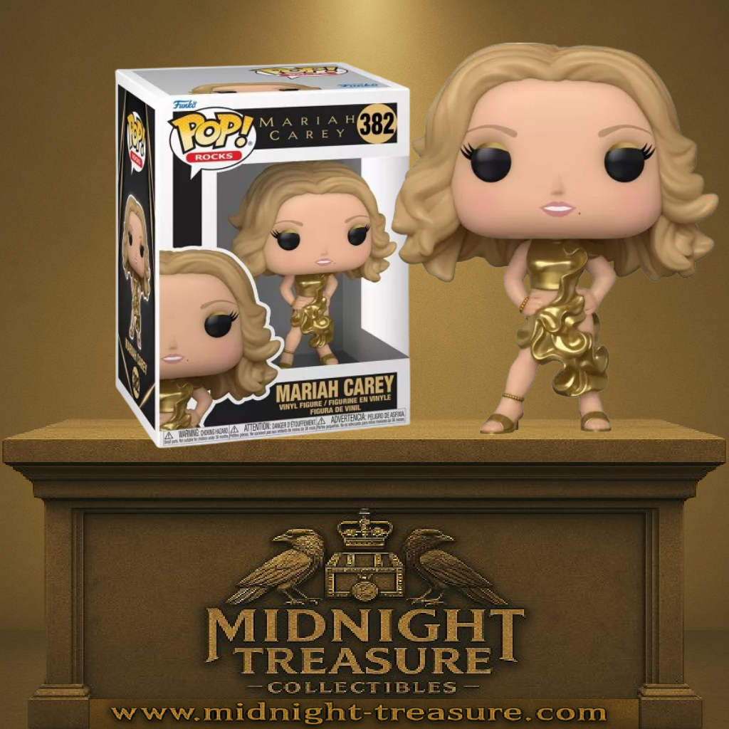 Funko Pop! Mariah Carey – The Emancipation of Mimi (N°382). Mariah en robe dorée avec cheveux ondulés, pose iconique. Une figurine glamour pour les fans de la diva internationale