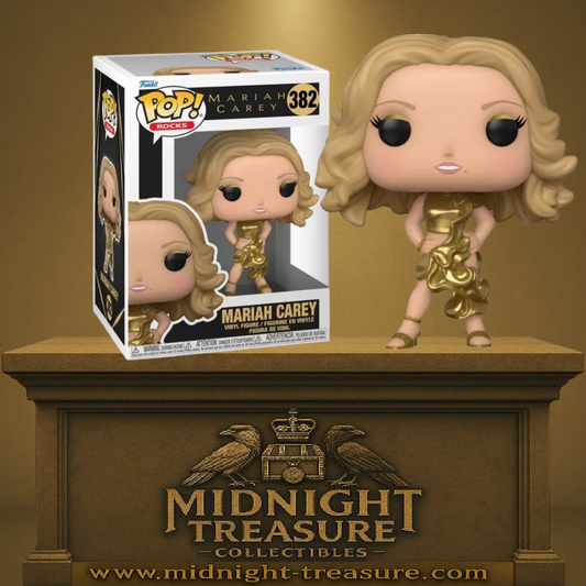Funko Pop! Mariah Carey – The Emancipation of Mimi (N°382). Mariah en robe dorée avec cheveux ondulés, pose iconique. Une figurine glamour pour les fans de la diva internationale
