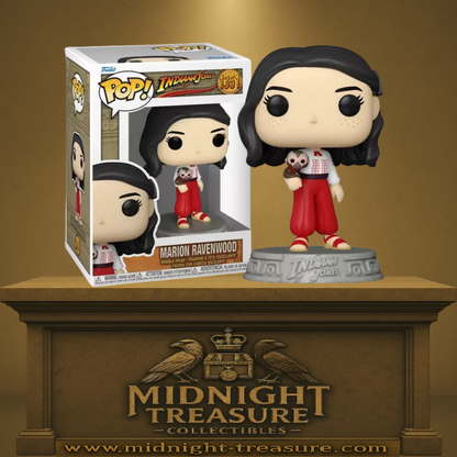 Funko Pop! Indiana Jones – Marion Ravenwood (N°1351). Marion en tenue traditionnelle rouge et blanche avec un singe sur l’épaule, sur socle Indiana Jones. Figurine fidèle pour les fans de la saga.

