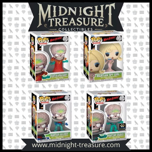 Lot de 4 Funko Pop! Mars Attacks! â Ambassadeur, Espionne Martienne, Soldat Martien et version Chase. Figurines colorĂ©es et dĂ©taillĂ©es issues du film culte de Tim Burton.