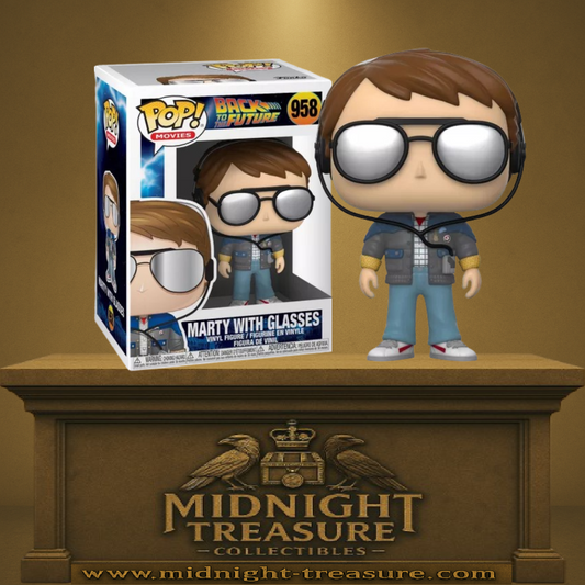 Funko Pop! Back to the Future – Marty McFly avec lunettes – N°958. Figurine de Marty avec casque audio, lunettes miroir et tenue rétro. Un classique des années 80 pour les fans de voyages temporels.

