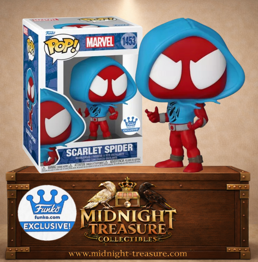 Funko Pop! Marvel N°1453 – Scarlet Spider, alias Ben Reilly, dans son costume rouge et son célèbre hoodie bleu, édition Funko Exclusive.