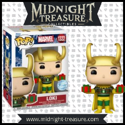 "Funko Pop! Marvel – Loki (1322). Figurine spéciale représentant Loki en tenue classique avec son casque à cornes dorées, tenant des cadeaux festifs. Un must-have pour les fans de Marvel et du Dieu de la Malice !"

