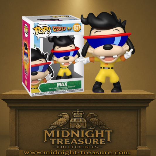 Funko Pop! Dingo et Max – Max (N°1577). Max en tenue de concert jaune avec lunettes rouges et bleues. Une figurine dynamique parfaite pour les fans de Disney et des années 90