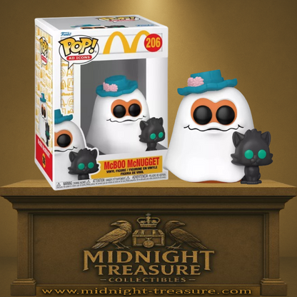 Funko Pop! McDonald’s – McBoo McNugget (N°206). Figurine représentant le Fantôme McNugget avec un chapeau bleu et un chat noir, hommage aux jouets vintage McDonald’s.