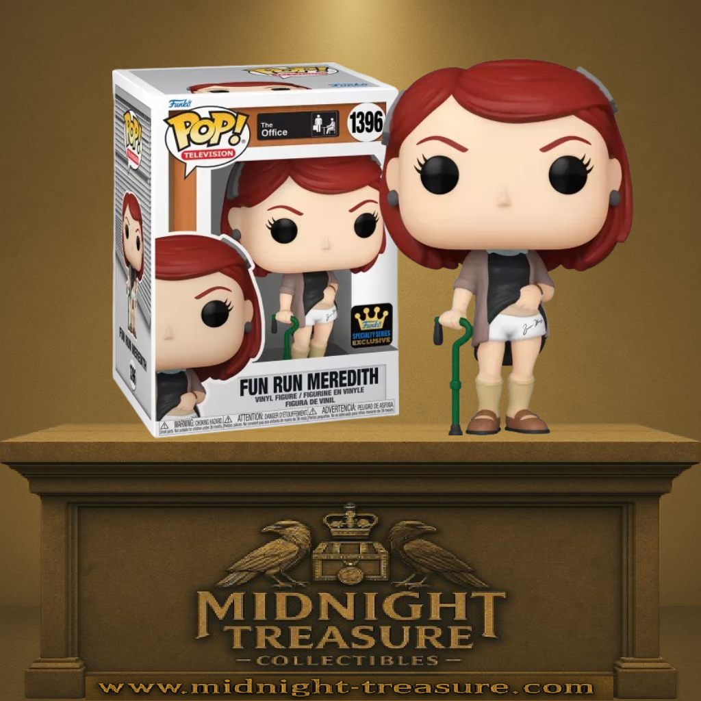 Funko Pop! The Office – Meredith Palmer Fun Run (N°1396). Figurine de Meredith blessée avec canne verte et short médical, inspirée de l’épisode culte.