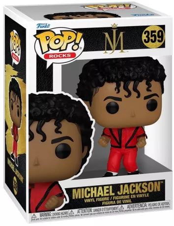 Funko Pop! Rocks – Michael Jackson (N°359, Thriller). Figurine exclusive représentant le King of Pop en tenue rouge culte du clip Thriller. Une pièce iconique pour les fans de musique et de pop culture.