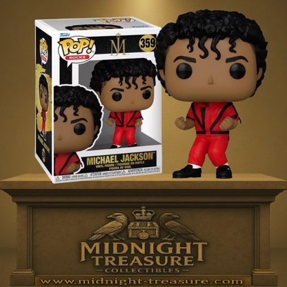 Funko Pop! Rocks – Michael Jackson (N°359, Thriller). Figurine exclusive représentant le King of Pop en tenue rouge culte du clip Thriller. Une pièce iconique pour les fans de musique et de pop culture.