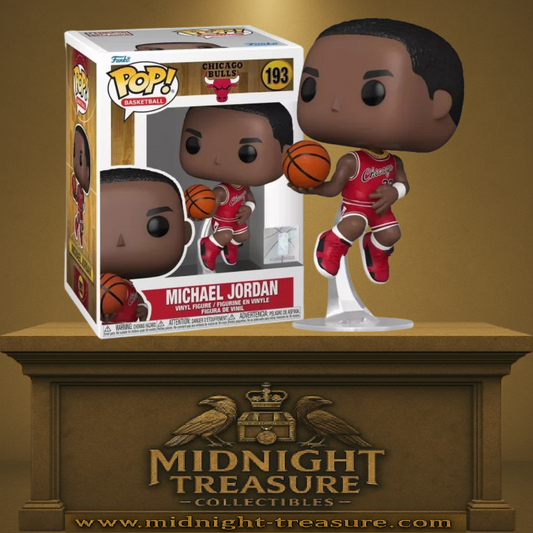 Funko Pop! NBA – Michael Jordan (N°193) – Chicago Bulls. Figurine du joueur en plein saut pour un dunk, en tenue rouge classique des Bulls, sur socle transparent.