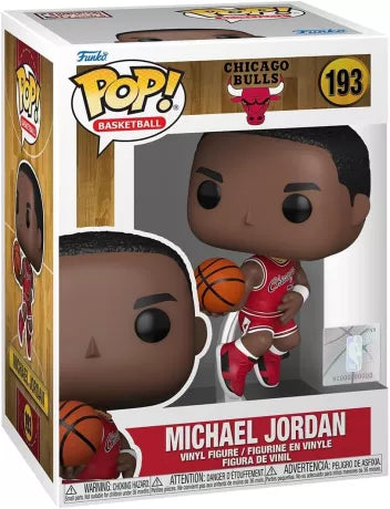 Funko Pop! NBA – Michael Jordan (N°193) – Chicago Bulls. Figurine du joueur en plein saut pour un dunk, en tenue rouge classique des Bulls, sur socle transparent.