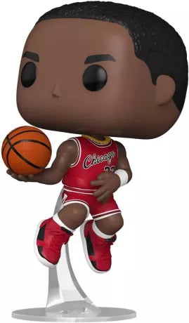 Funko Pop! NBA – Michael Jordan (N°193) – Chicago Bulls. Figurine du joueur en plein saut pour un dunk, en tenue rouge classique des Bulls, sur socle transparent.