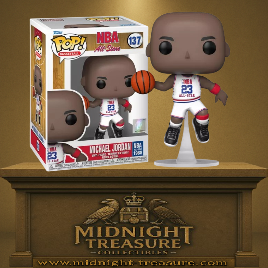 Funko Pop! NBA – Michael Jordan (NBA All-Stars 1988) (N°137). Figurine représentant Michael Jordan en plein saut avec son maillot blanc All-Star 1988. Une Pop! sportive et légendaire pour les fans de basketball.