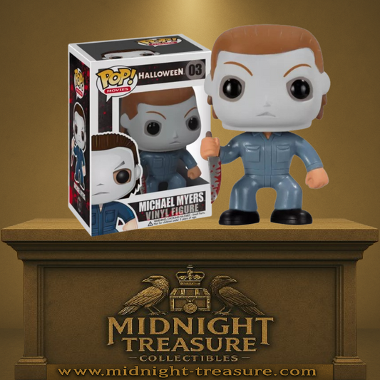 Funko Pop! Halloween – Michael Myers (N°03). Tueur masqué avec combinaison bleue et couteau ensanglanté. Une figurine culte pour les fans de films d’horreur.