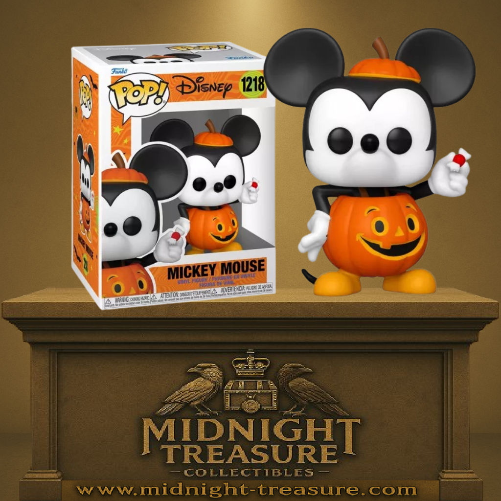 Funko Pop! Disney – Mickey Mouse en costume de citrouille (N°1218). Mickey dans une tenue orange Halloween avec bonbon à la main. Une figurine festive pour les amoureux de Disney.