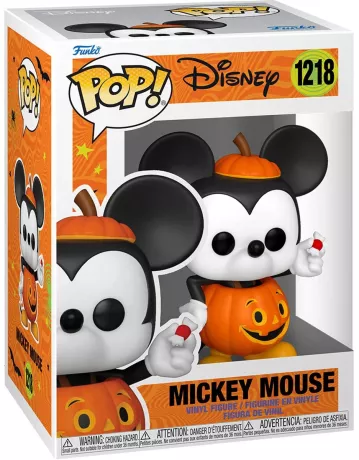 Funko Pop! Disney – Mickey Mouse en costume de citrouille (N°1218). Mickey dans une tenue orange Halloween avec bonbon à la main. Une figurine festive pour les amoureux de Disney.