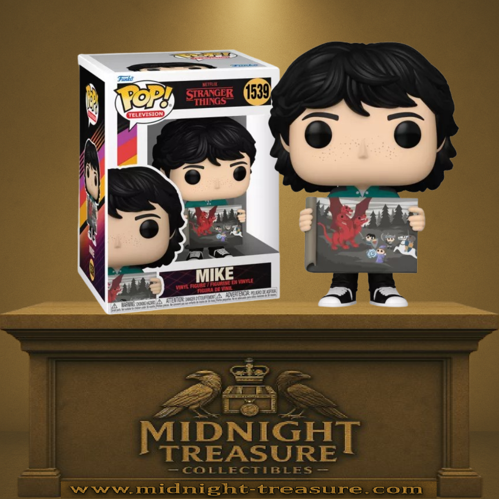 Funko Pop! Stranger Things – Mike (N°1539). Figurine de Mike tenant une illustration Dungeons & Dragons, fidèle à la série.